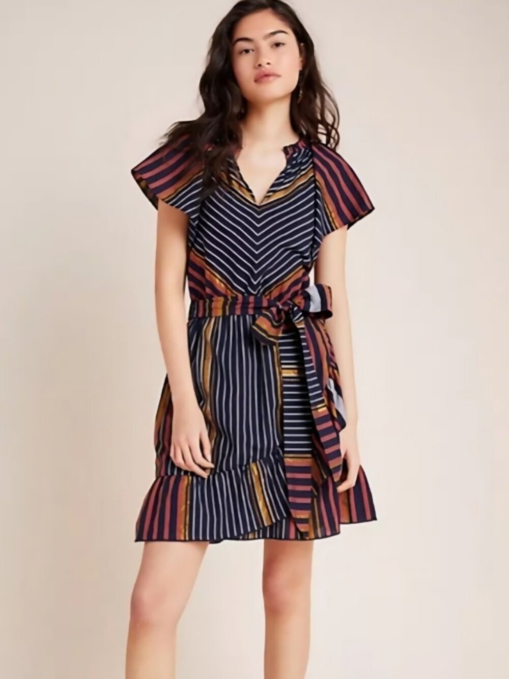 Ranna Gill Sibyl Shimmer Mini Dress Striped Navy Gold with belt size large